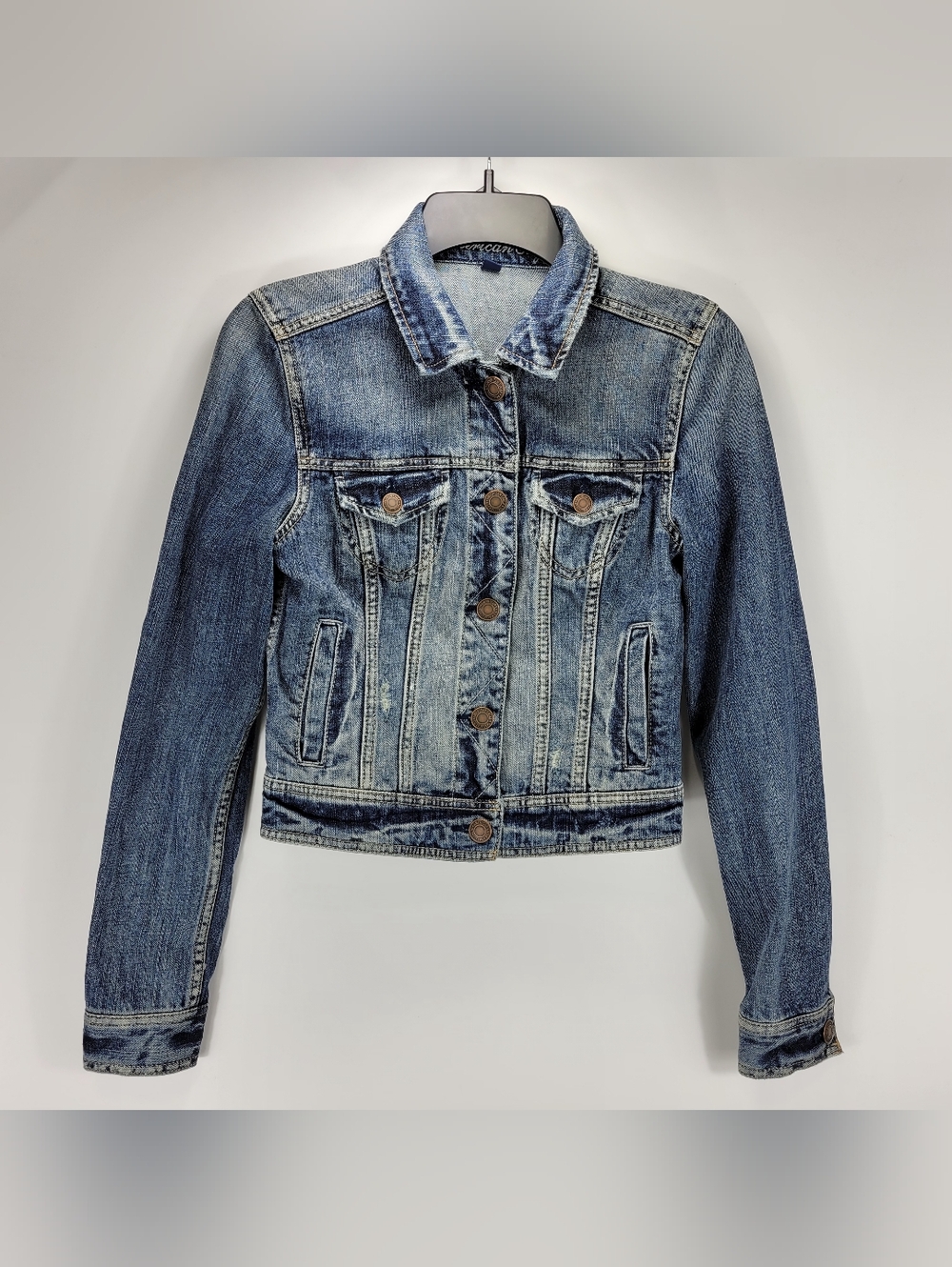 American Eagle Distressed Jean Trucker Jacket Women Small Petite SP Y2K Dainty
